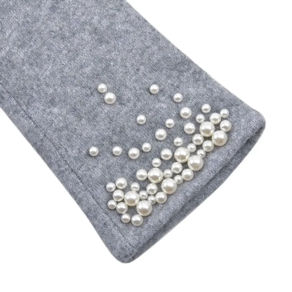 Gray Cashmere Blend Fine Knit Faux Pearl Beaded Fleece Lined E Tip Gloves